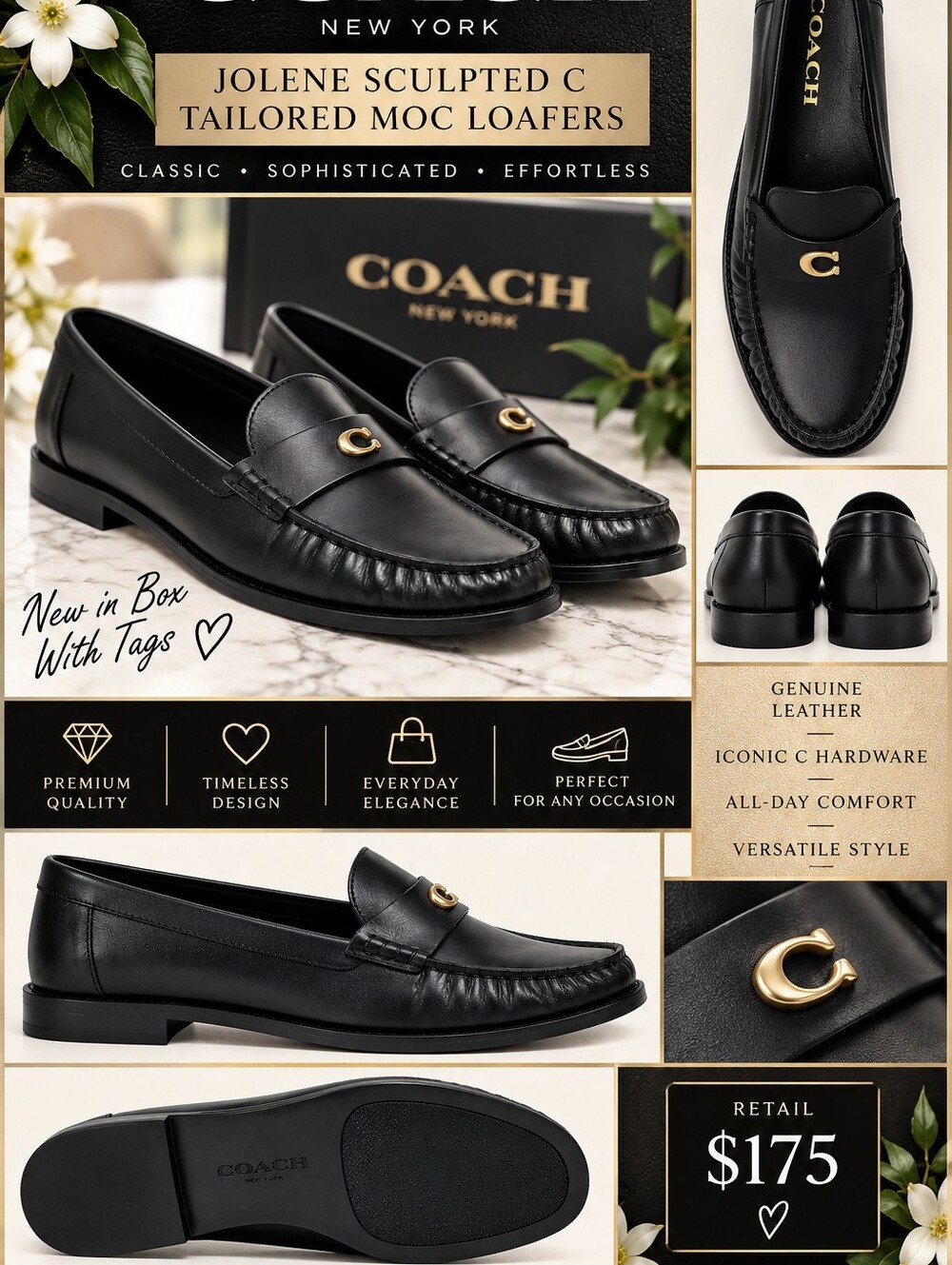 Coach Black Leather Jolene Sculpted C Moc Loafers with Gold Hardware